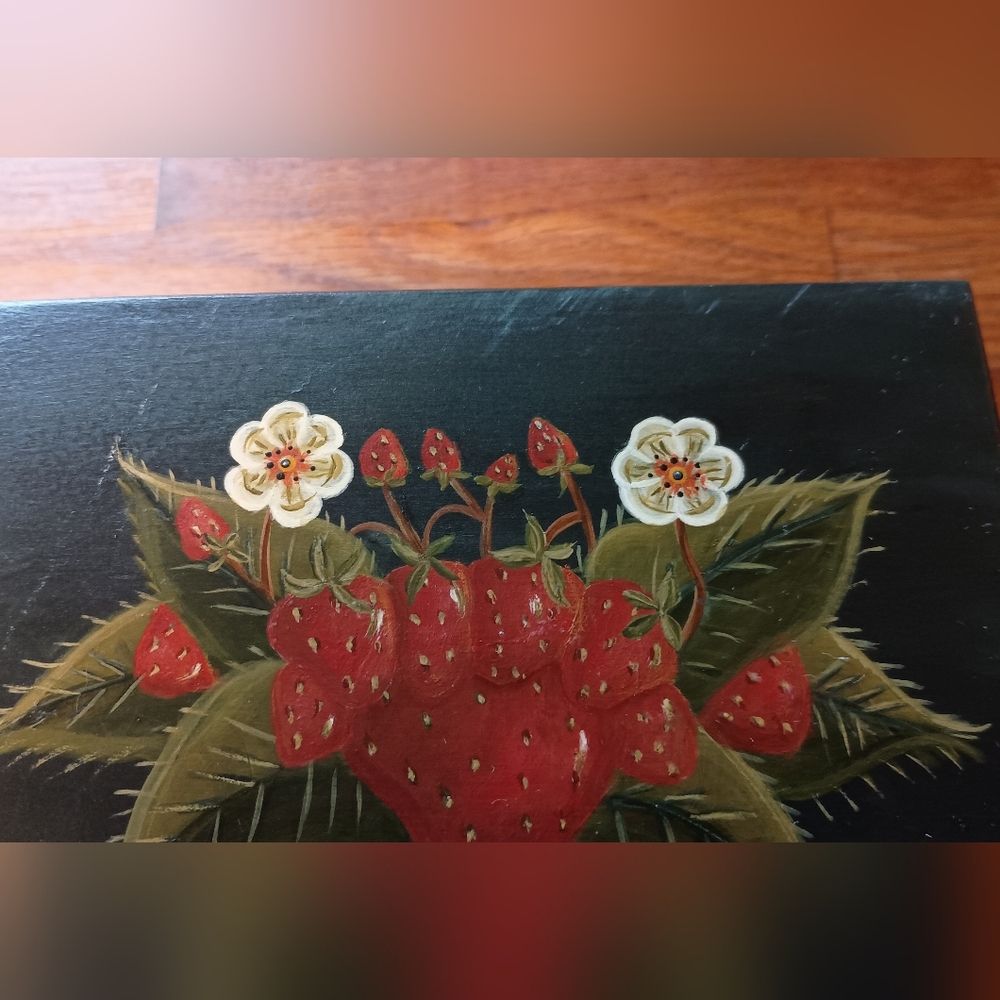 3/$15 Vintage Folk Art Hand Painted Strawberry Floral Wood Box, J. Wilkinson - Picture 3 of 11
